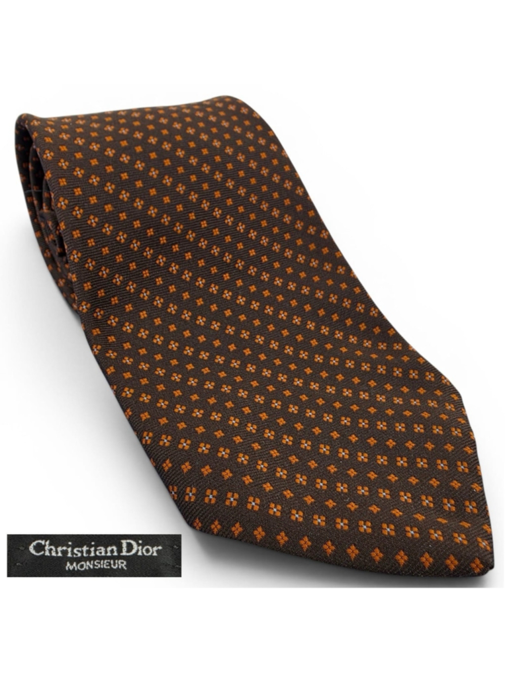 Vintage Christian Dior Monsieur Brown Orange Silk Tie Small Geometric Italy